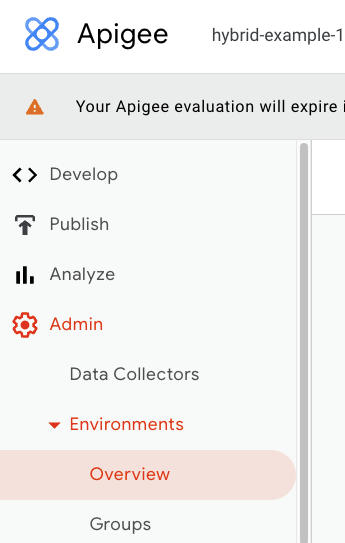 Opzione Amministrazione, Ambienti, Panoramica Il menu dell'interfaccia utente di Apigee che mostra le opzioni Admin, Environments e Overview espanse