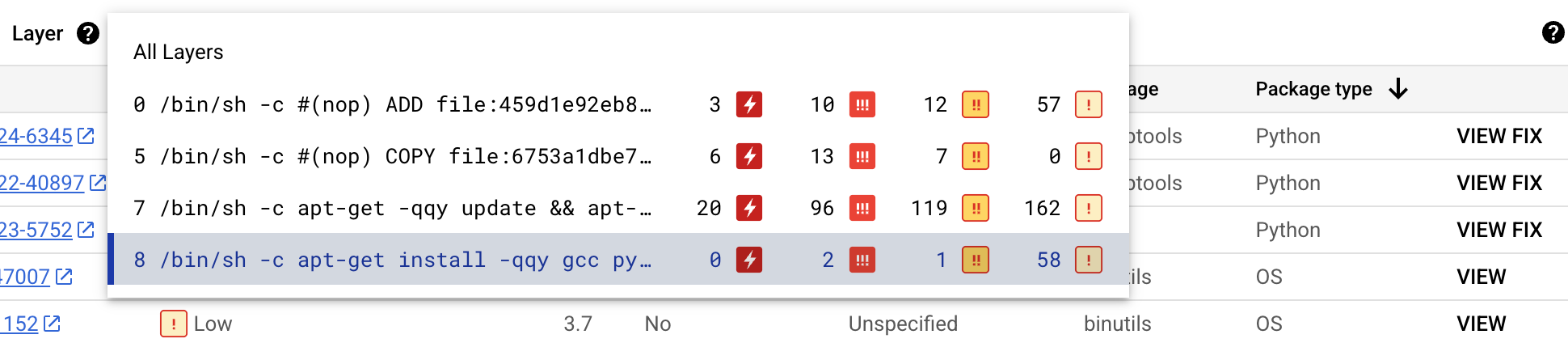 開いたレイヤ プルダウン メニューの画像。メニューには、レイヤのビルドに使用された Docker コマンドと、各レイヤの脆弱性の種類と数が表示されます。