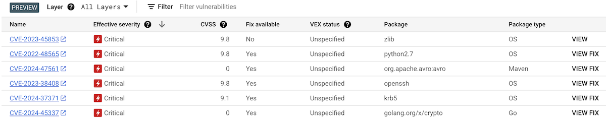 Uma imagem da página &quot;Vulnerabilidades&quot; para um resumo de imagem, incluindo a barra &quot;Camada&quot;. A barra de camadas tem um menu suspenso para selecionar em uma lista numerada de camadas. 
