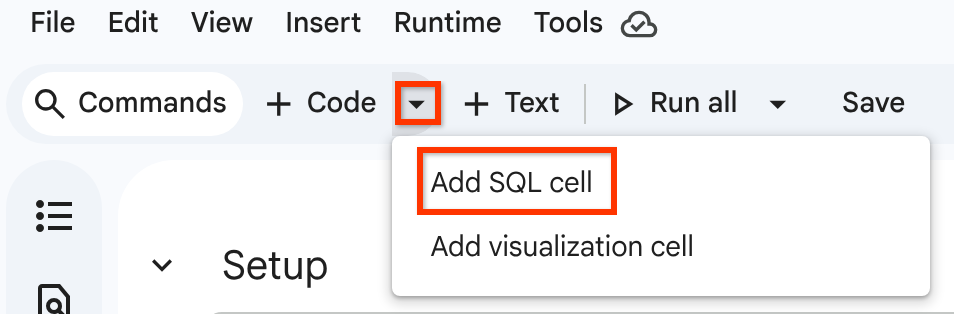 האפשרות 'הוספה של תא SQL' בתפריט 'הוספה של תא קוד'