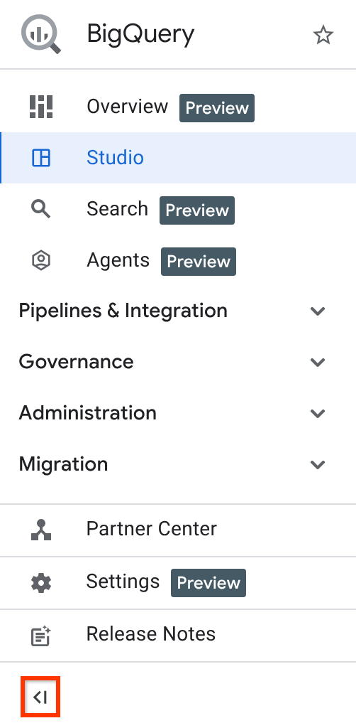 Il menu di navigazione di BigQuery.