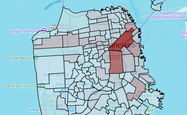 Die gerenderte Polygonebene für die Stadtteile von San Francisco.