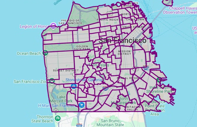 Son los polígonos renderizados del conjunto de datos de vecindarios de San Francisco.
