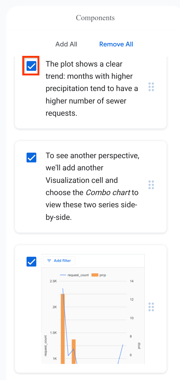 O painel de componentes, onde é possível adicionar e remover células do app.