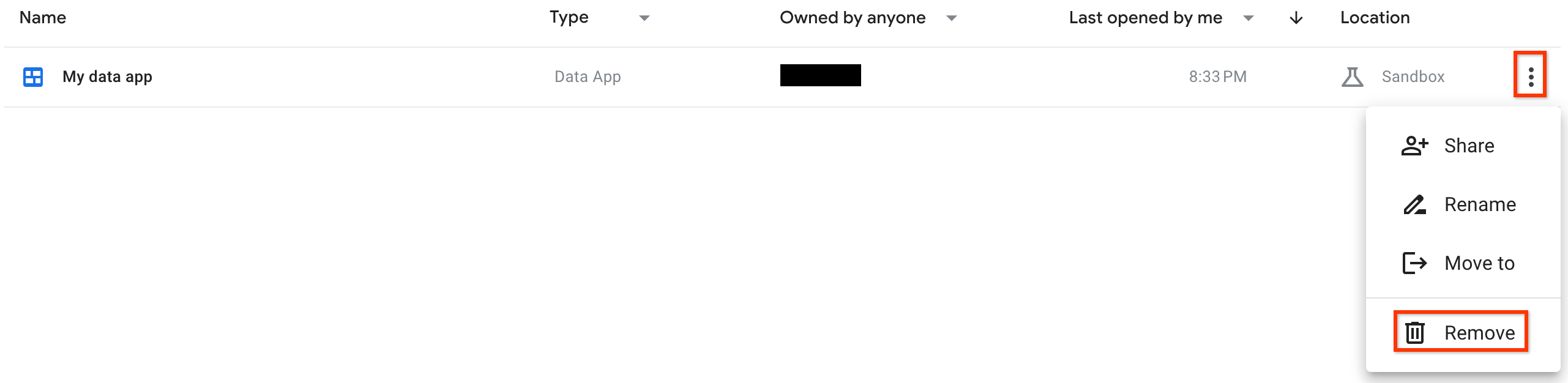 Das Menü „Weitere Optionen“, über das Sie eine App löschen.