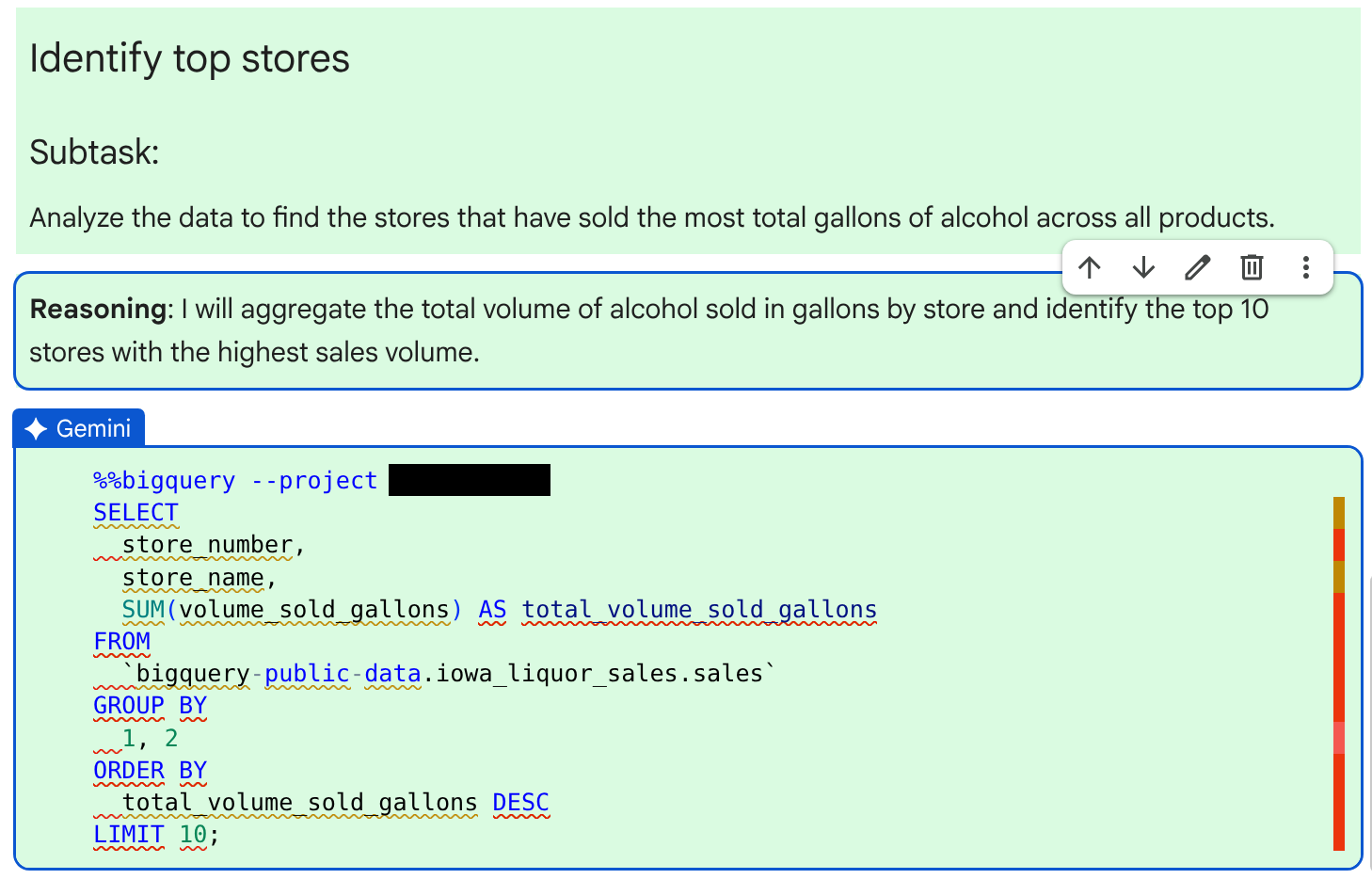 Es la consulta en SQL que genera el agente y que encuentra las principales licorerías según los galones vendidos.
