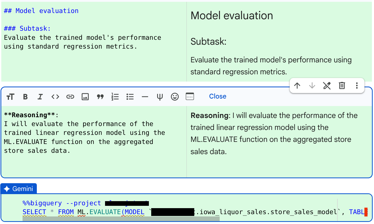 Der Code und die Begründung, die zur Bewertung des Modells generiert wurden.