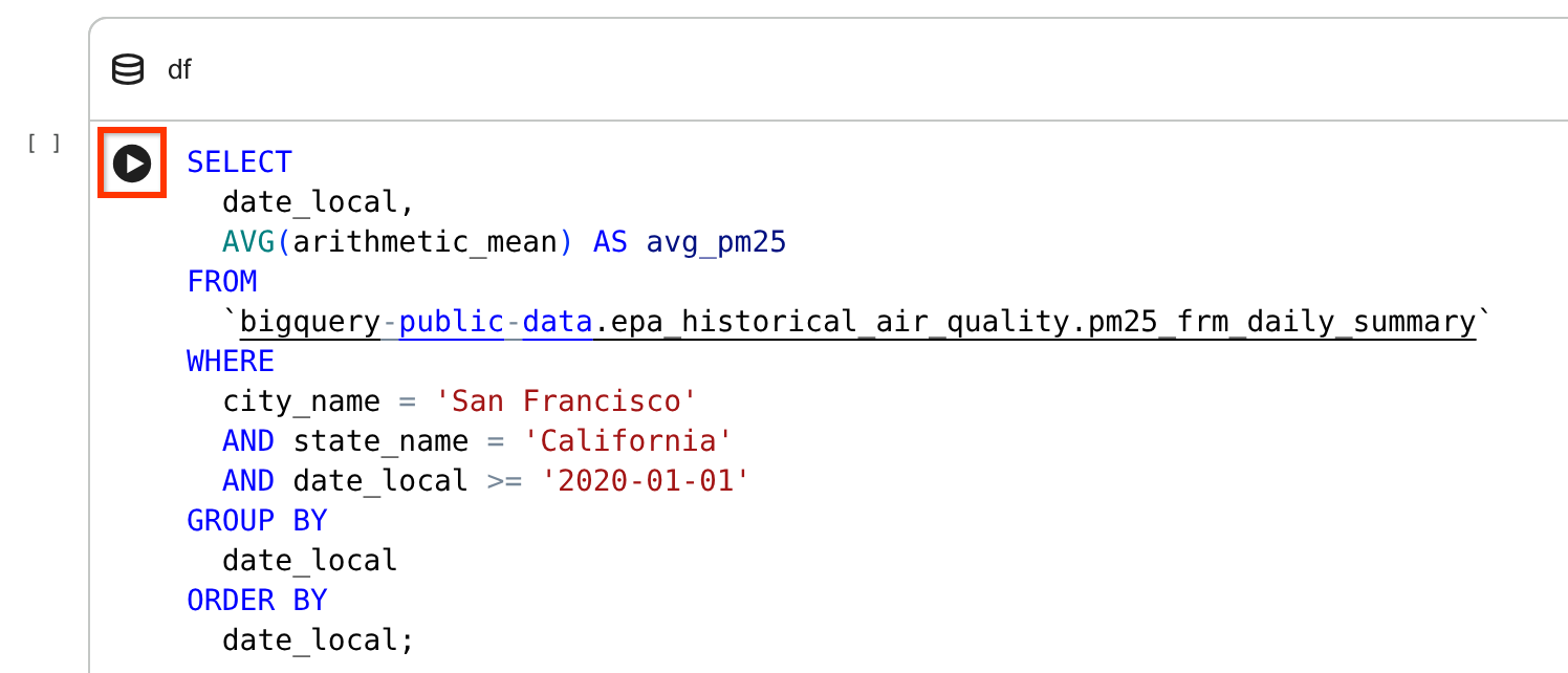 The run cell button in the SQL cell