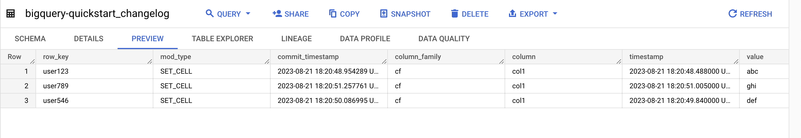 תצוגה מקדימה של יומן השינויים ב-BigQuery