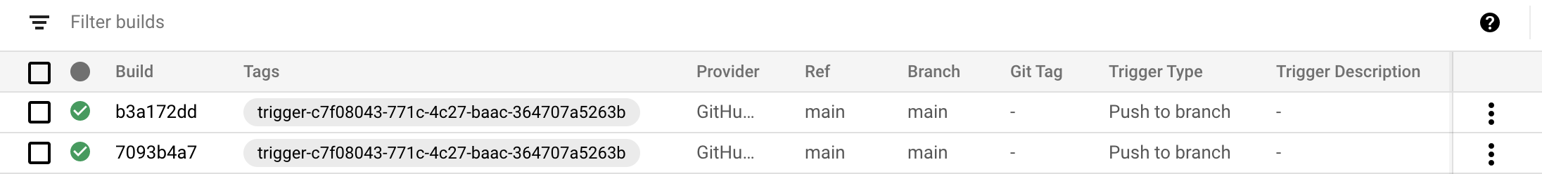 Captura de pantalla de la página del historial de compilaciones de automate