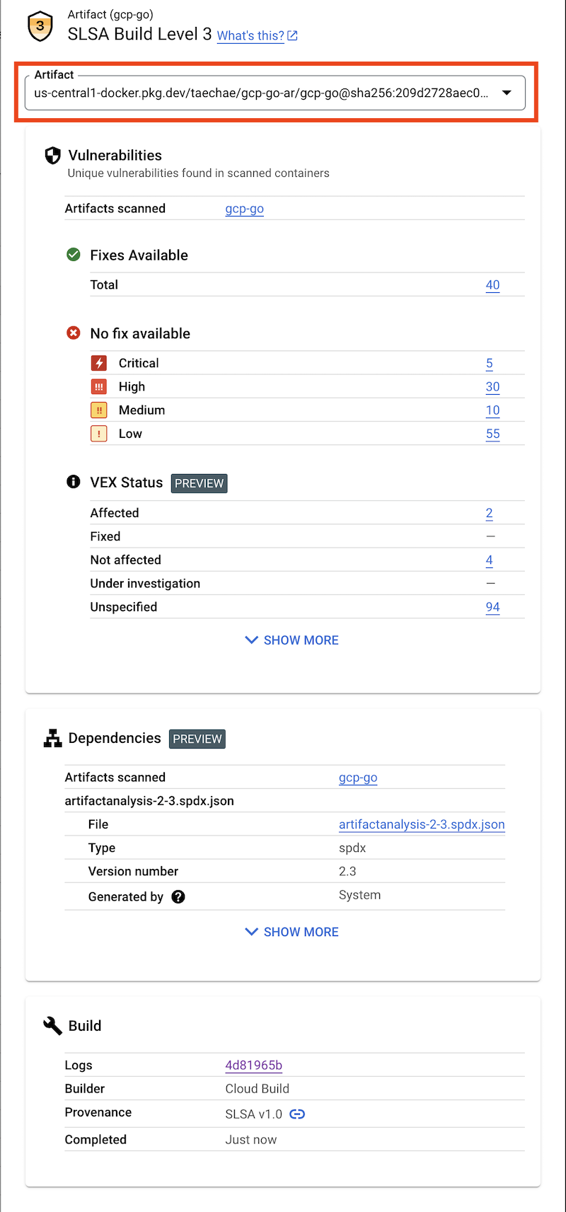 适用于多容器 build 的安全数据洞见面板
