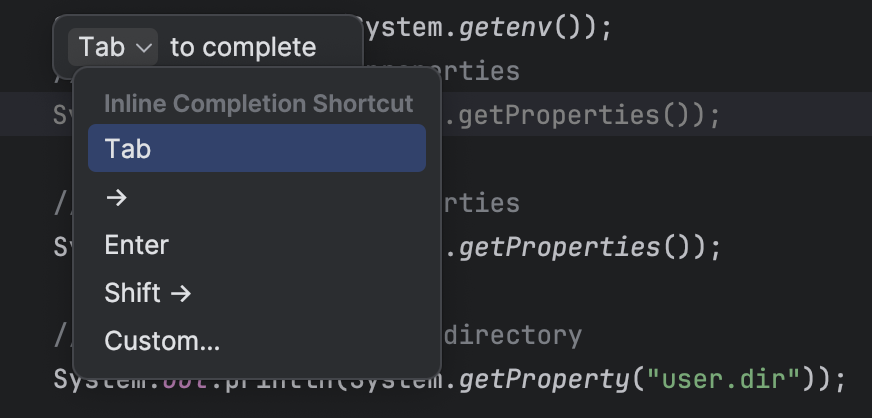 Gemini proporciona un menú desplegable para cambiar la combinación de teclas que te permite aceptar una sugerencia insertada.