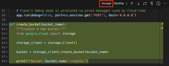 Gemini Code Assist ouvre une vue diff pour afficher le code généré.