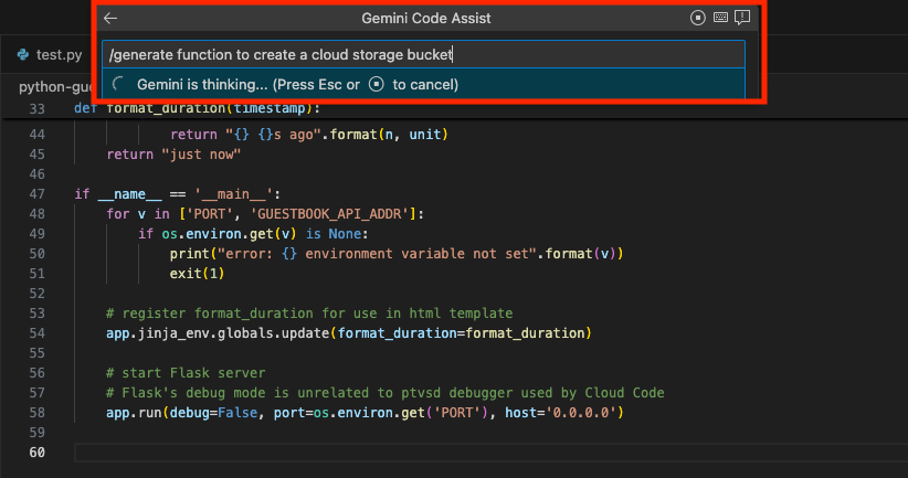 Gemini Code Assist 会使用 /generate 命令生成代码。
