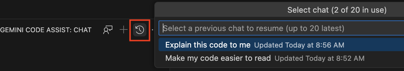 Cronologia delle query Gemini nella finestra degli strumenti.