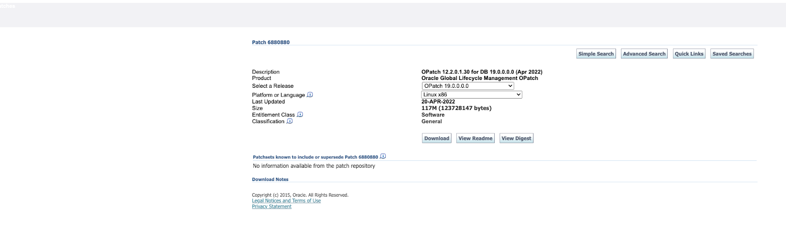 Página do Oracle OPatch mostrando a descrição, a data e o tamanho do patch.