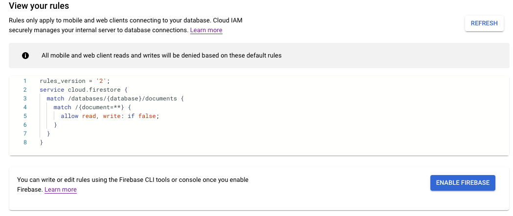 如果您的项目中未启用 Firebase,则会显示“启用 Firebase SDK”按钮。