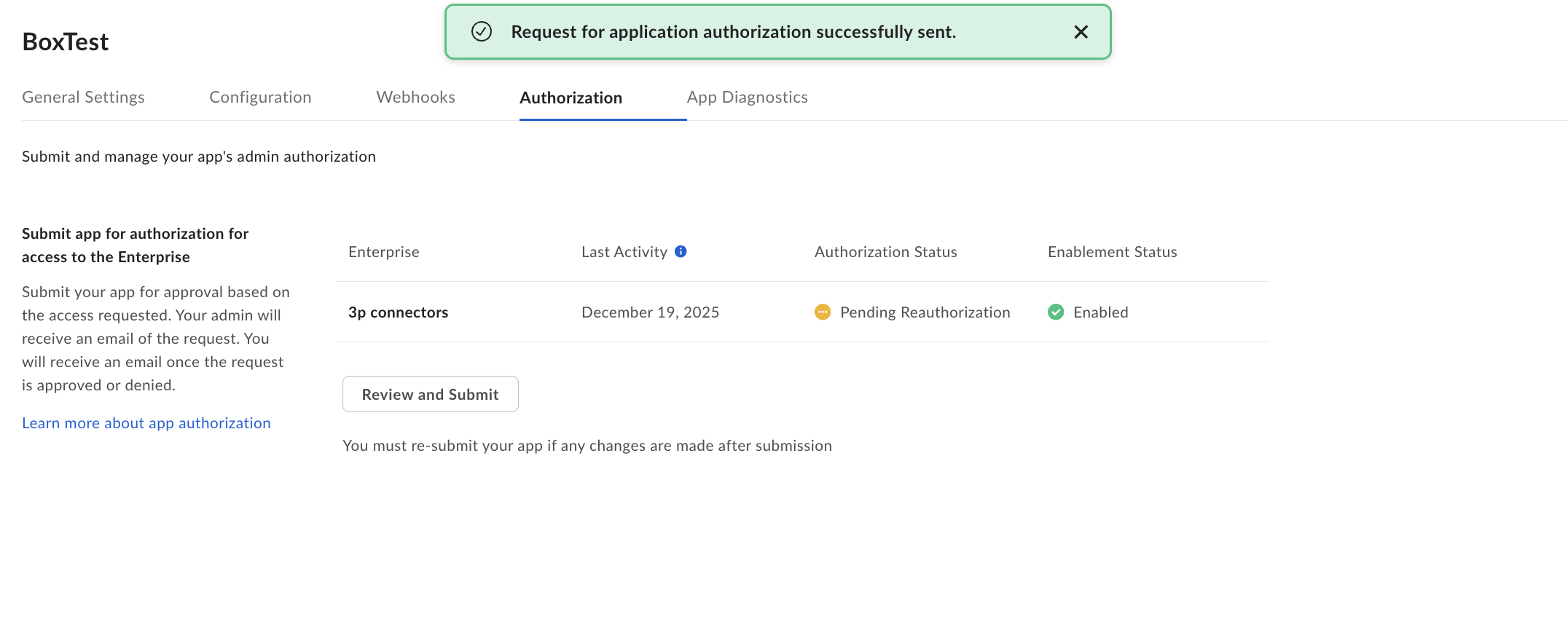 Se envió correctamente la solicitud de autorización