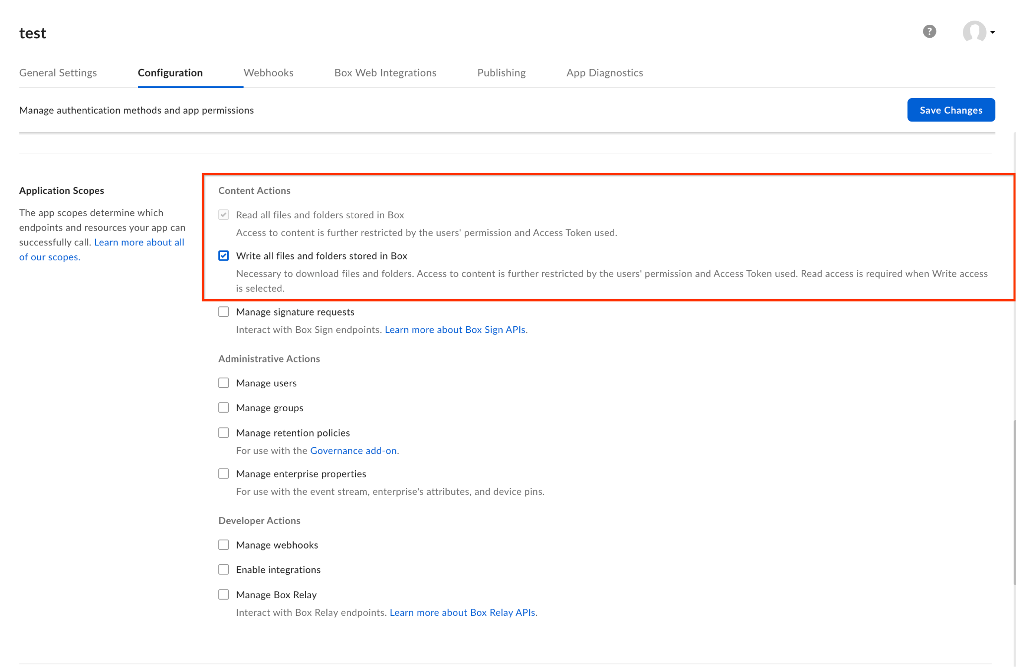 Selecione os escopos necessários