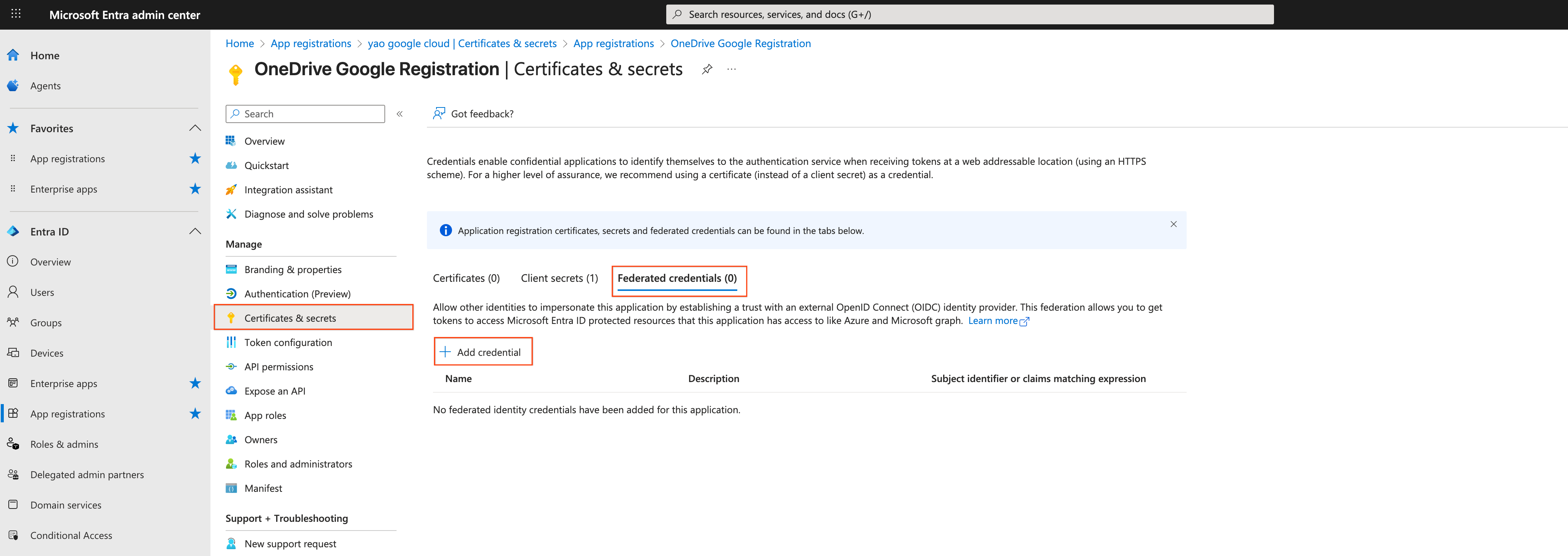 Add federated credentials in Entra