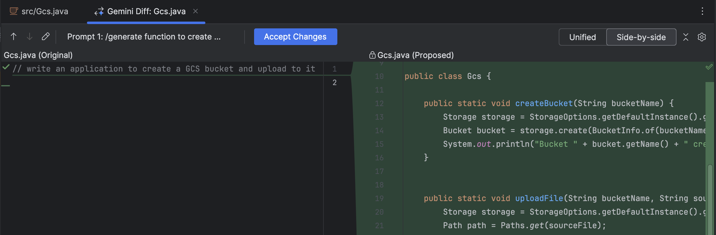 Vue diff de la transformation du code dans Gemini Code Assist pour IntelliJ