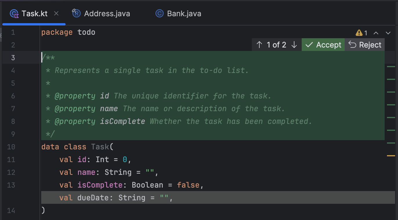 IntelliJ Gemini Code Assist で、ファイルにある 1 つの変更提案を承認または拒否します。