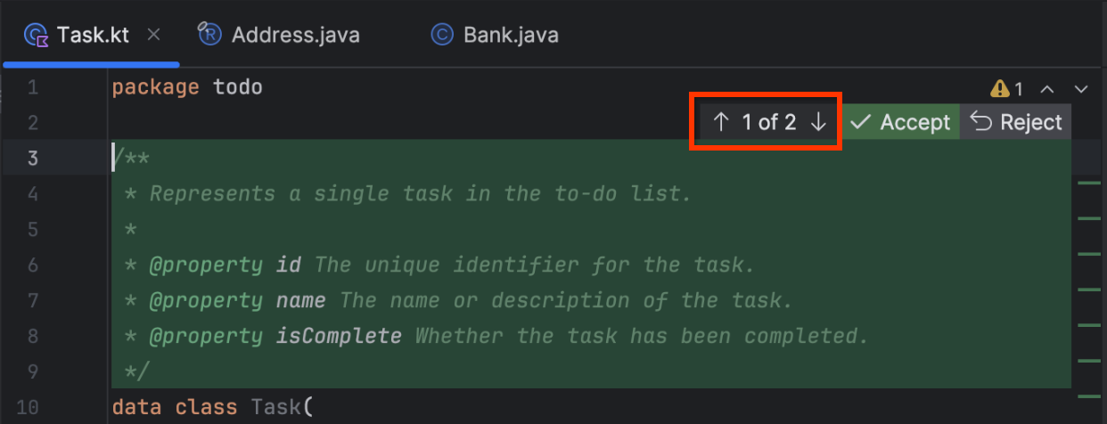 Scorrere le modifiche in un file in IntelliJ Code Gemini Code Assist.
