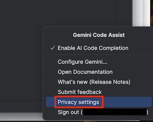 Ustawienia prywatności Gemini Code Assist w IntelliJ w menu.