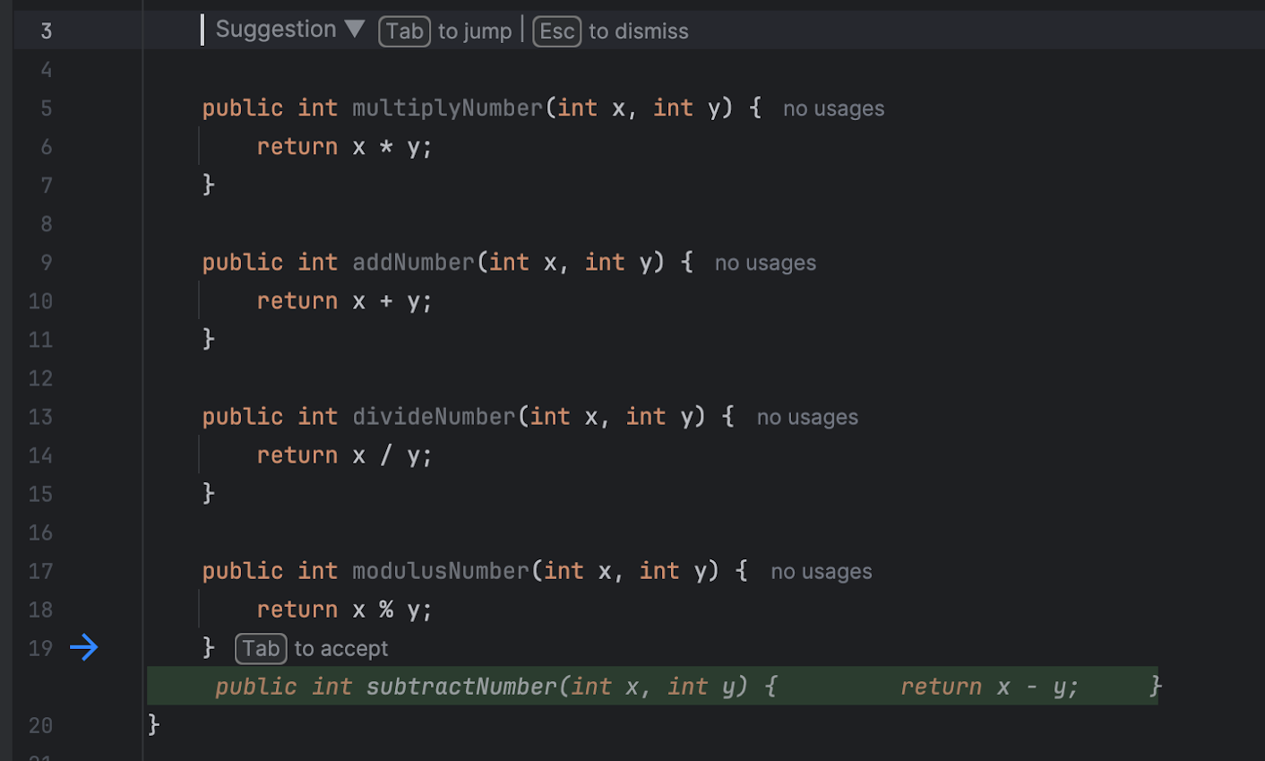L'utilisateur déclenche la fonctionnalité "Prédictions de la prochaine modification" dans IntelliJ Gemini Code Assist.