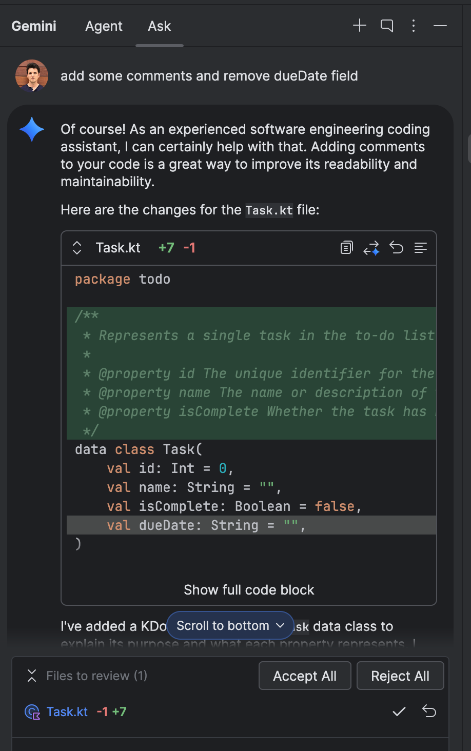 תצוגה מקדימה מהירה ב-IntelliJ Code Gemini Code Assist.