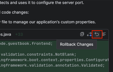 Bouton "Revert to checkpoint" (Revenir au point de contrôle) dans Gemini Code Assist pour IntelliJ.