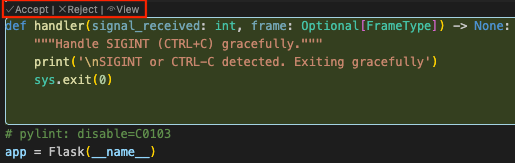 Menerima atau menolak saran satu perubahan dalam file di Gemini Code Assist VS Code.