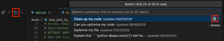 Tombol untuk menghapus histori percakapan di Gemini VS Code.