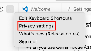 Configurações de privacidade do Gemini Code Assist para VS Code no menu.