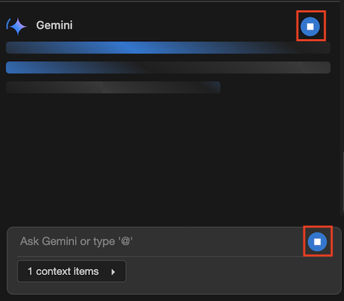Tombol untuk menghentikan respons chat Gemini Code Assist VS Code yang sedang berlangsung