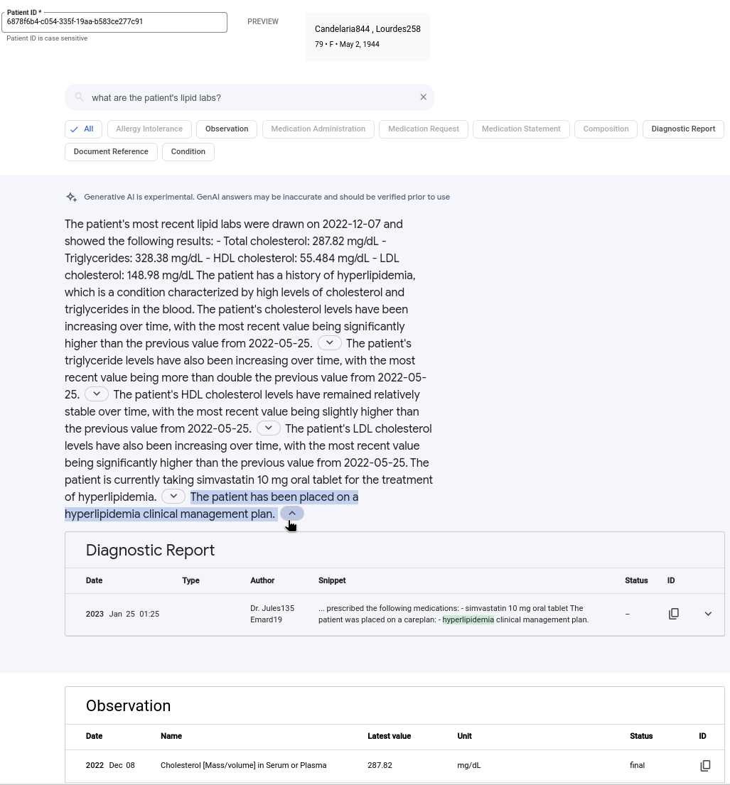 查詢內容為「What are the
patient's lipid labs」(病患的血脂實驗室為何)。搜尋結果會以表格格式顯示。搜尋結果隨附生成式 AI 生成的摘要,內容為「患者沒有已知過敏症」。