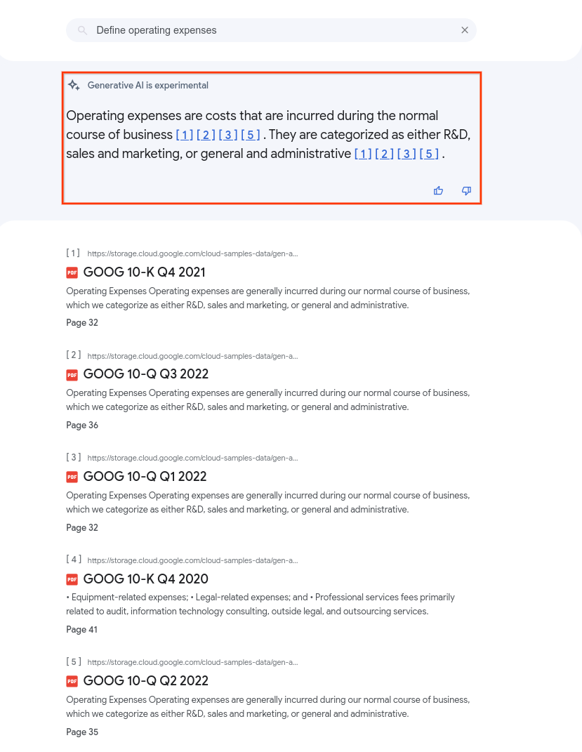 Query is quote Define operating
expenses endquote. A seção de resumo da pesquisa mostra um resumo extraído dos principais resultados.