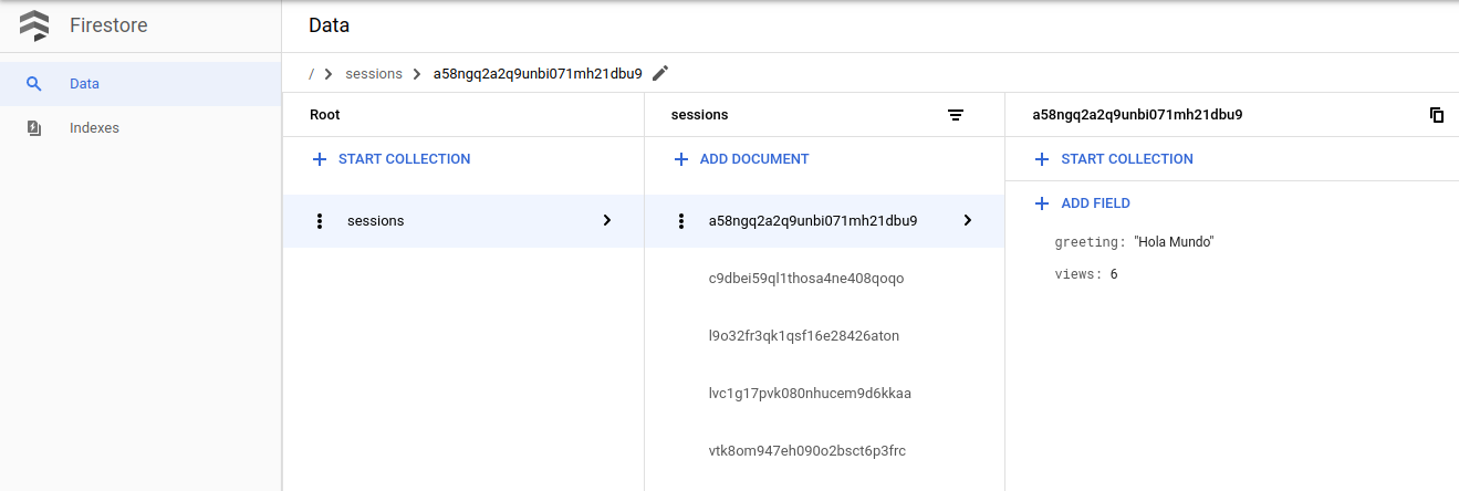 Sessões do Firestore no console Google Cloud .