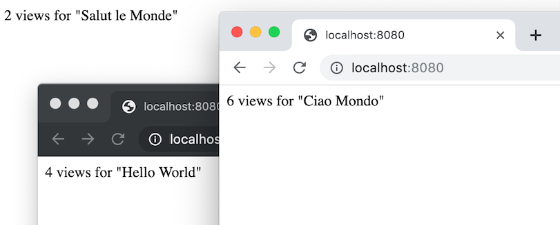 多個應用程式視窗會顯示不同語言的問候語。