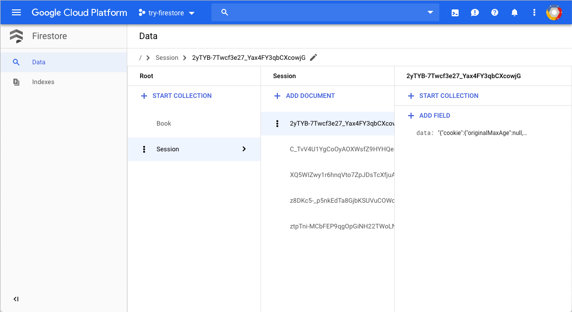 Sessões do Firestore no console Google Cloud .