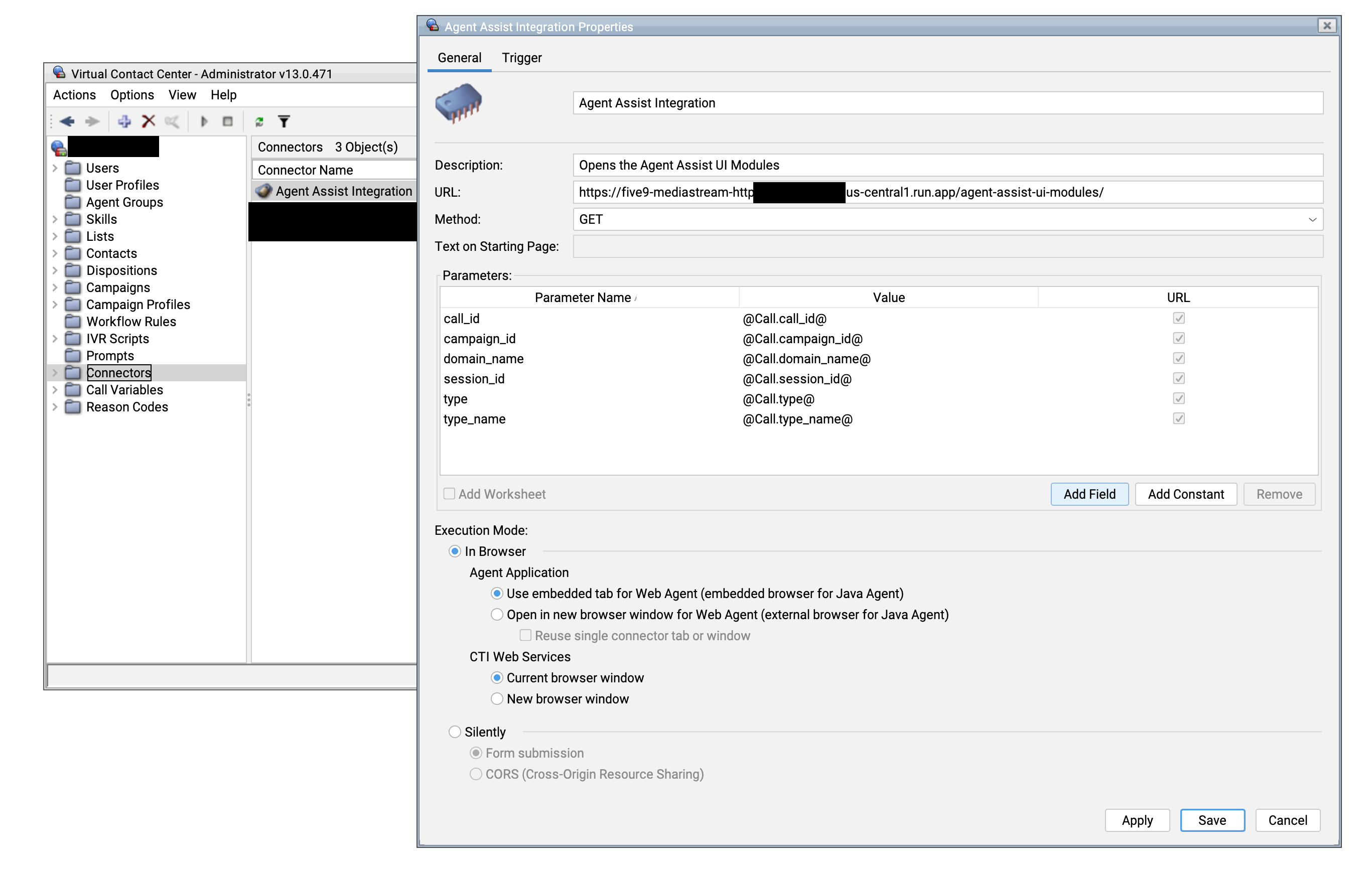 Ejemplo de configuración del conector clásico para admitir módulos de la IU en Agent Desktop Plus