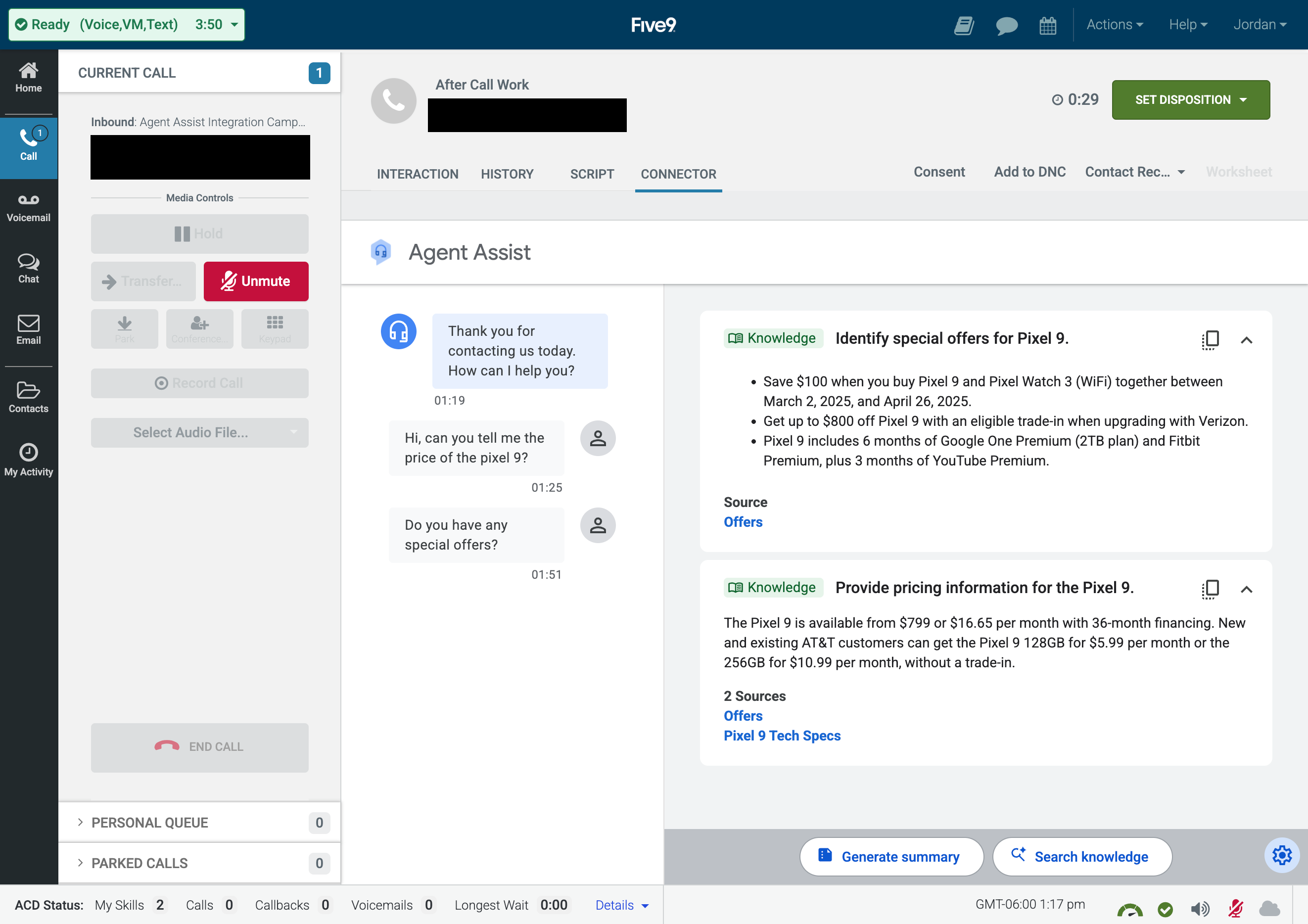 Example of a successful end to end test of the Agent Assist Integration