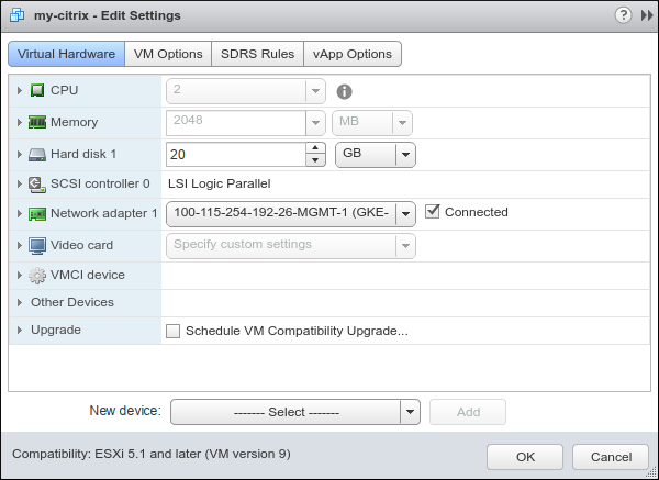 Screenshot of editing the Citrix ADC VM