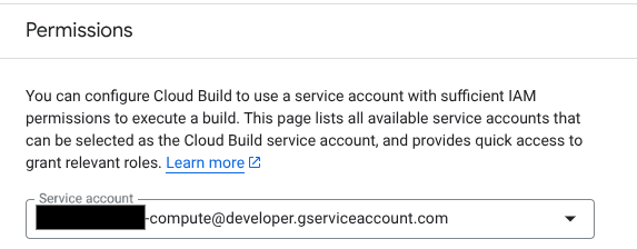 Captura de ecrã da página de definições do Cloud Build