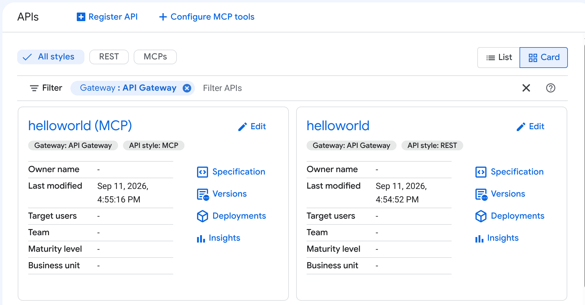 helloworld and helloworld (MCP) APIs in API hub