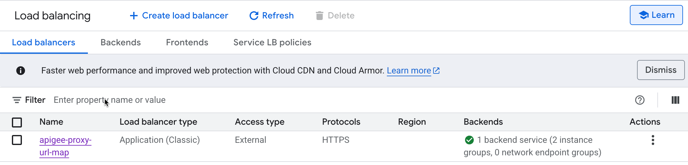 Seite „Load-Balancing“ in der Google Cloud Platform