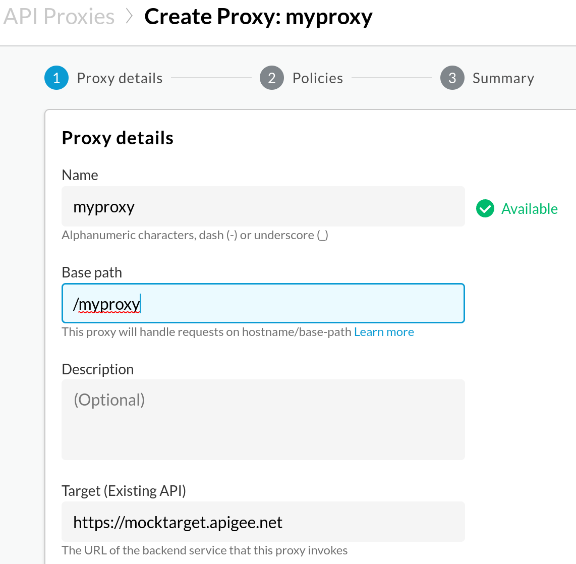 Detalles del proxy con el nombre, la ruta base, la descripción y el destino
