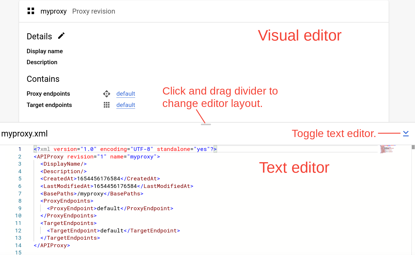 Editores visual y de texto con un divisor seleccionable.