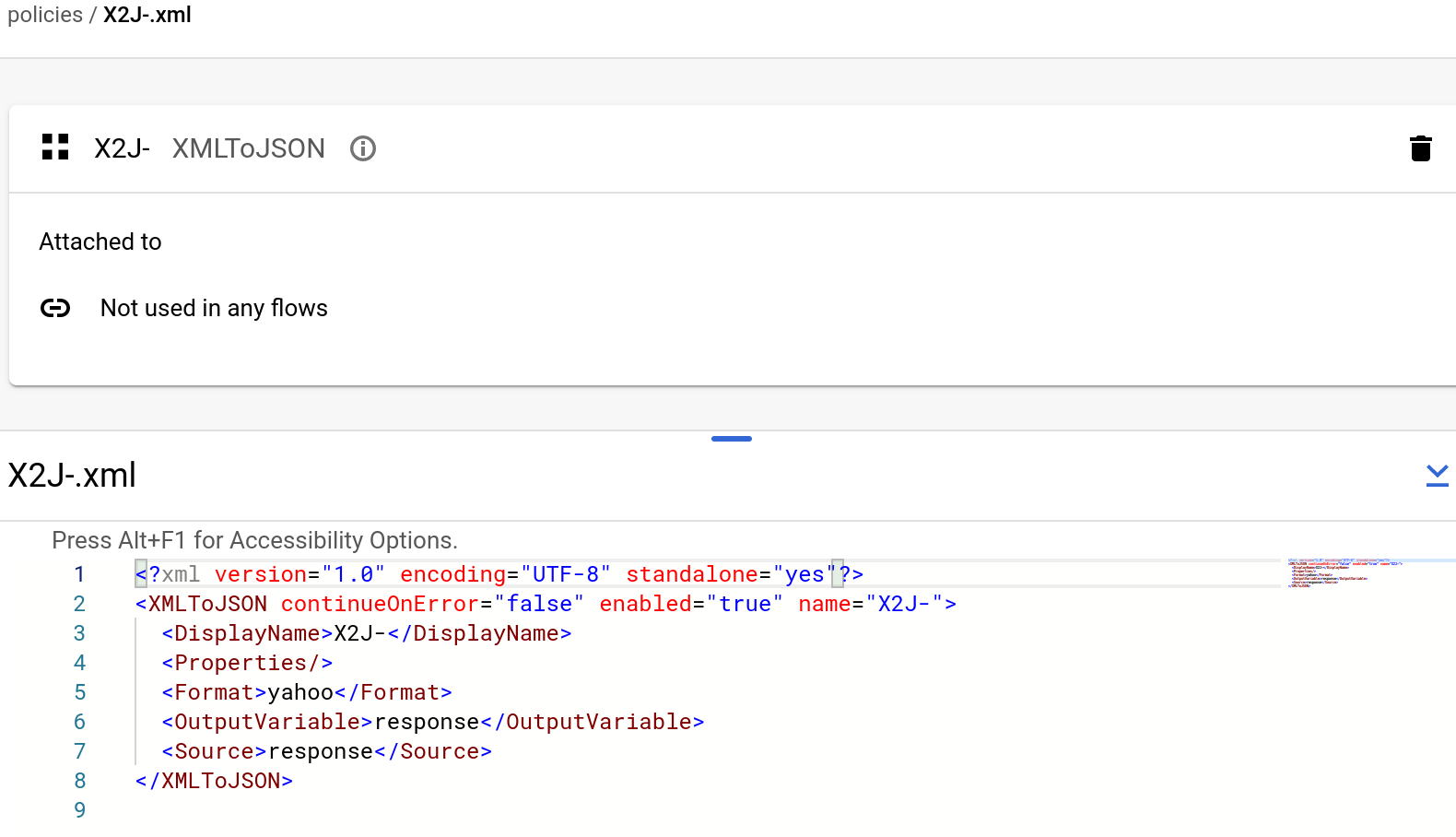 Policy XML To JSON visualizzata nella visualizzazione Sviluppa.