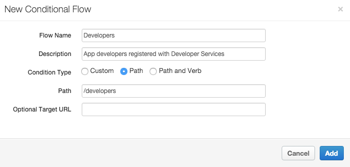 在「New Conditional Flow」(新增條件流程) 窗格中，名為「Developers」(開發人員) 的流程已設定說明：「App developers registered with Developer Services」(向開發人員服務註冊的應用程式開發人員)。